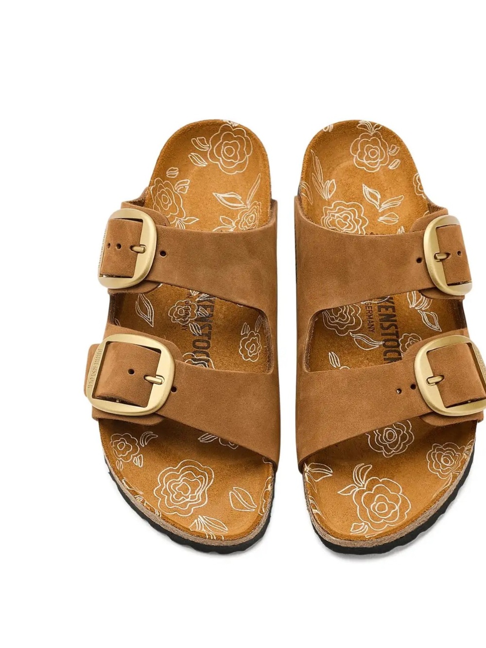 Birkenstock Tan Double-Buckle Floral Footbed Slide Sandals